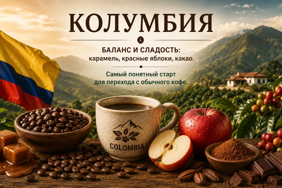 Спешелти кофе из Колумбии — карамель, красные яблоки, какао, баланс и сладость