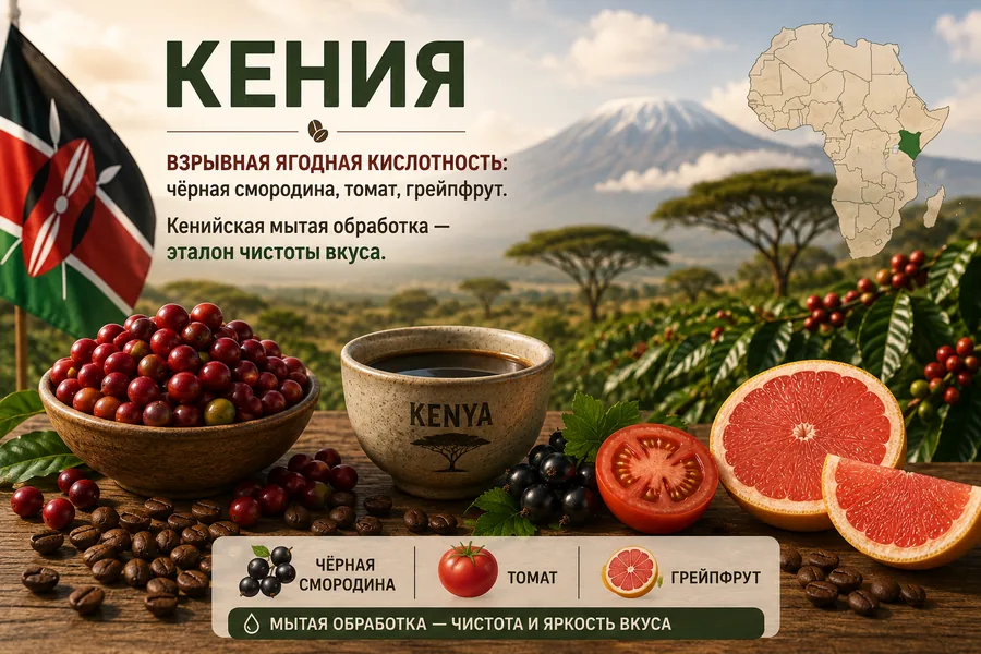 Спешелти кофе из Кении — чёрная смородина, томат, грейпфрут, мытая обработка